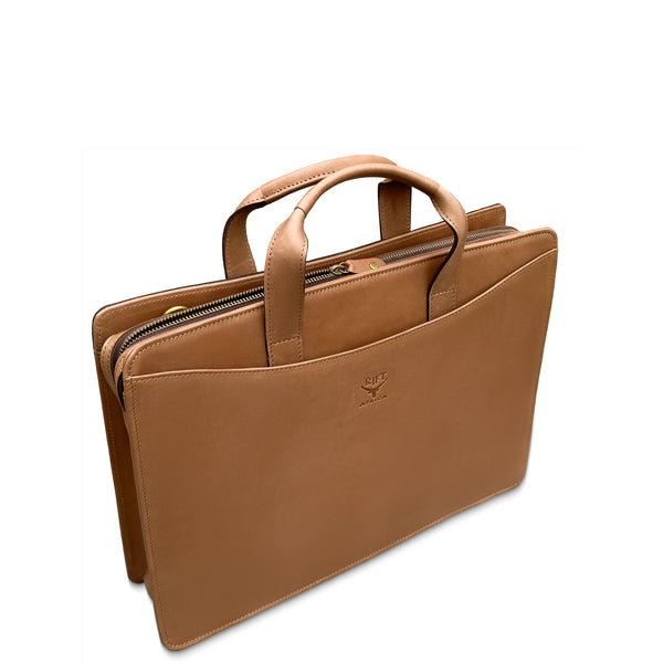Brown leather briefcase with a visible brand logo on a white background