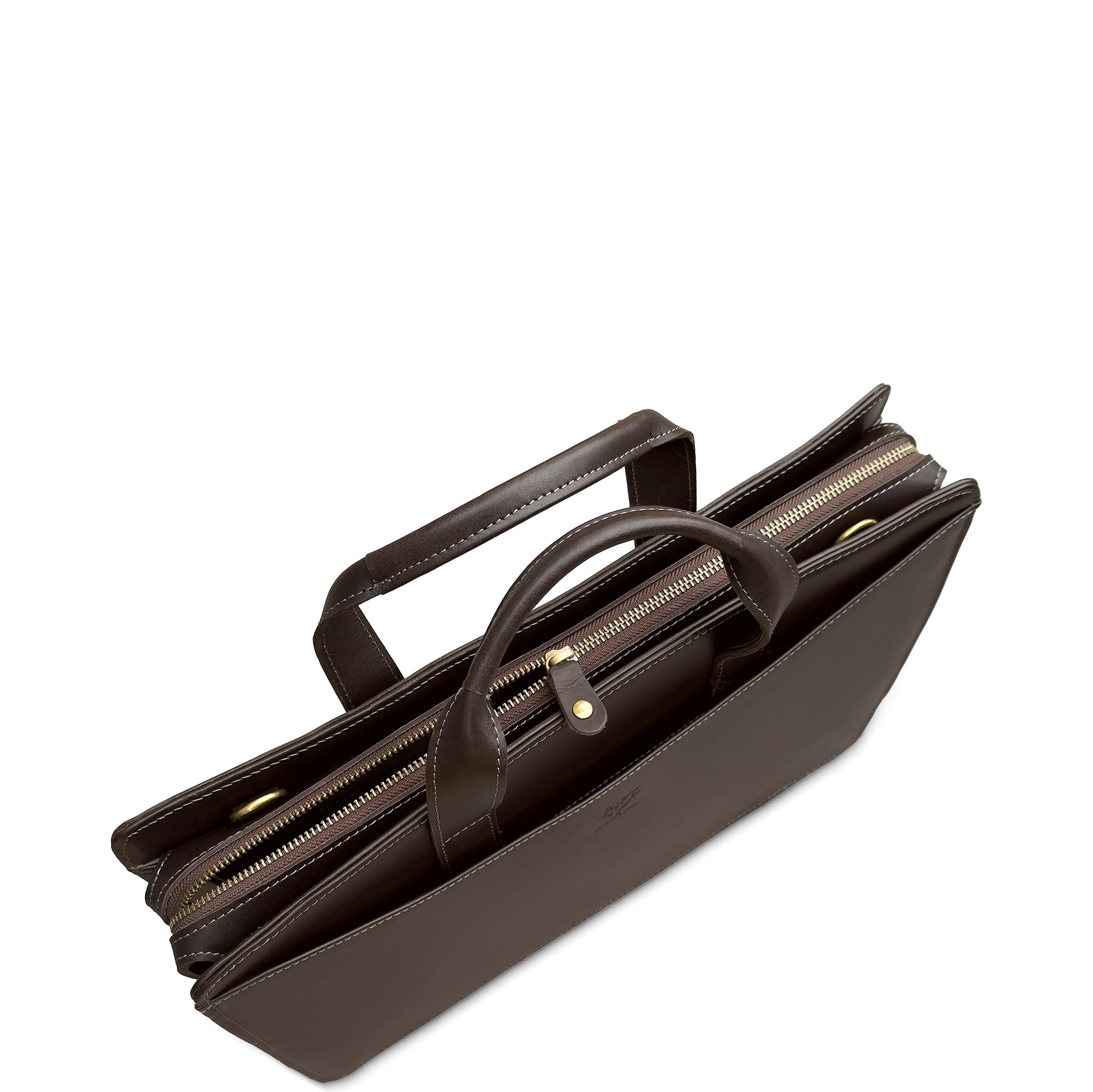 Brown leather briefcase with gold zipper pulls on a white background