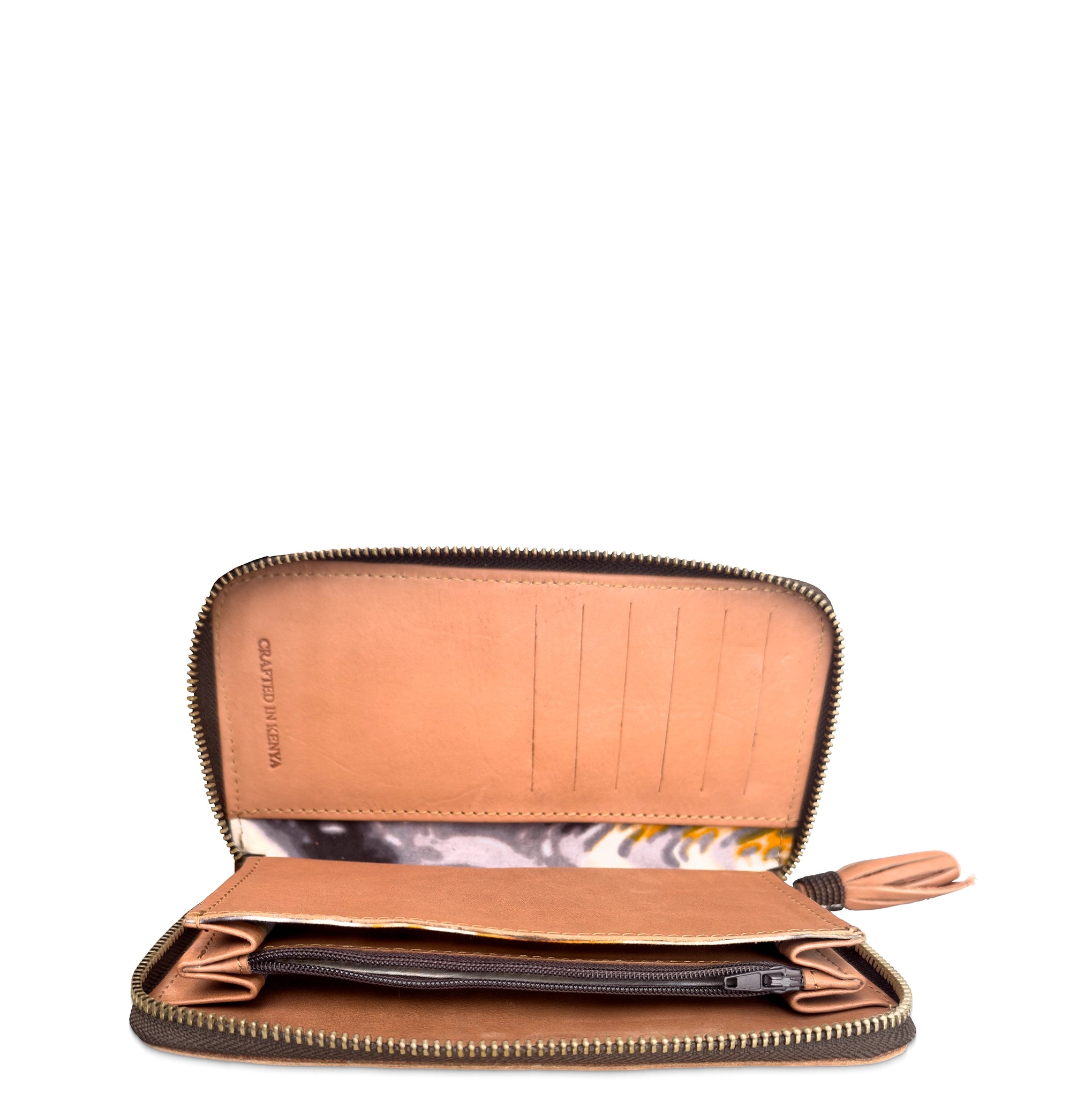 An open brown leather zip-around wallet with multiple card slots, a patterned interior lining, and a zippered compartment, shown on a plain white background.