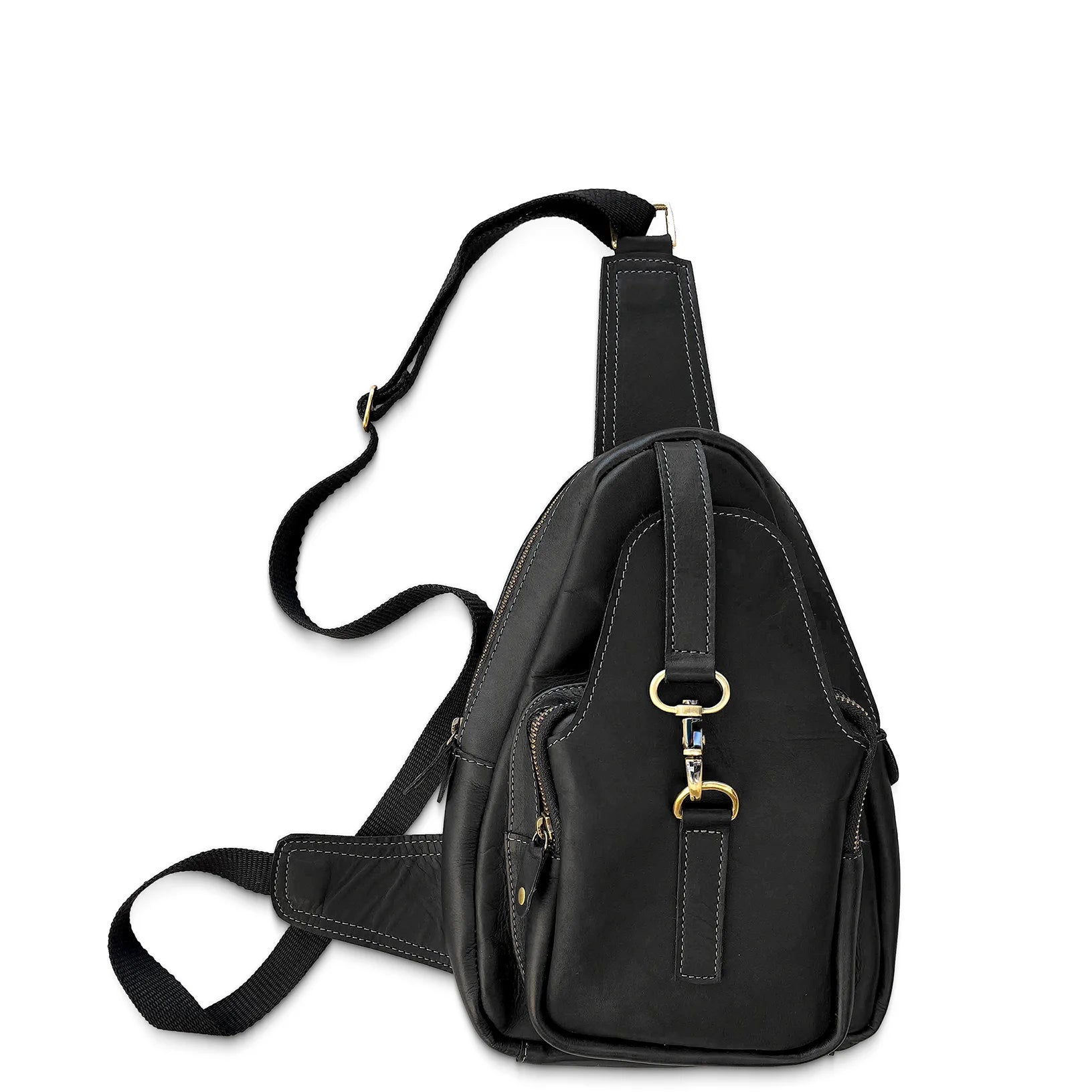 Black sling bag with gold hardware on a white background