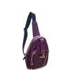 Purple sling bag with a gold zipper on a white background