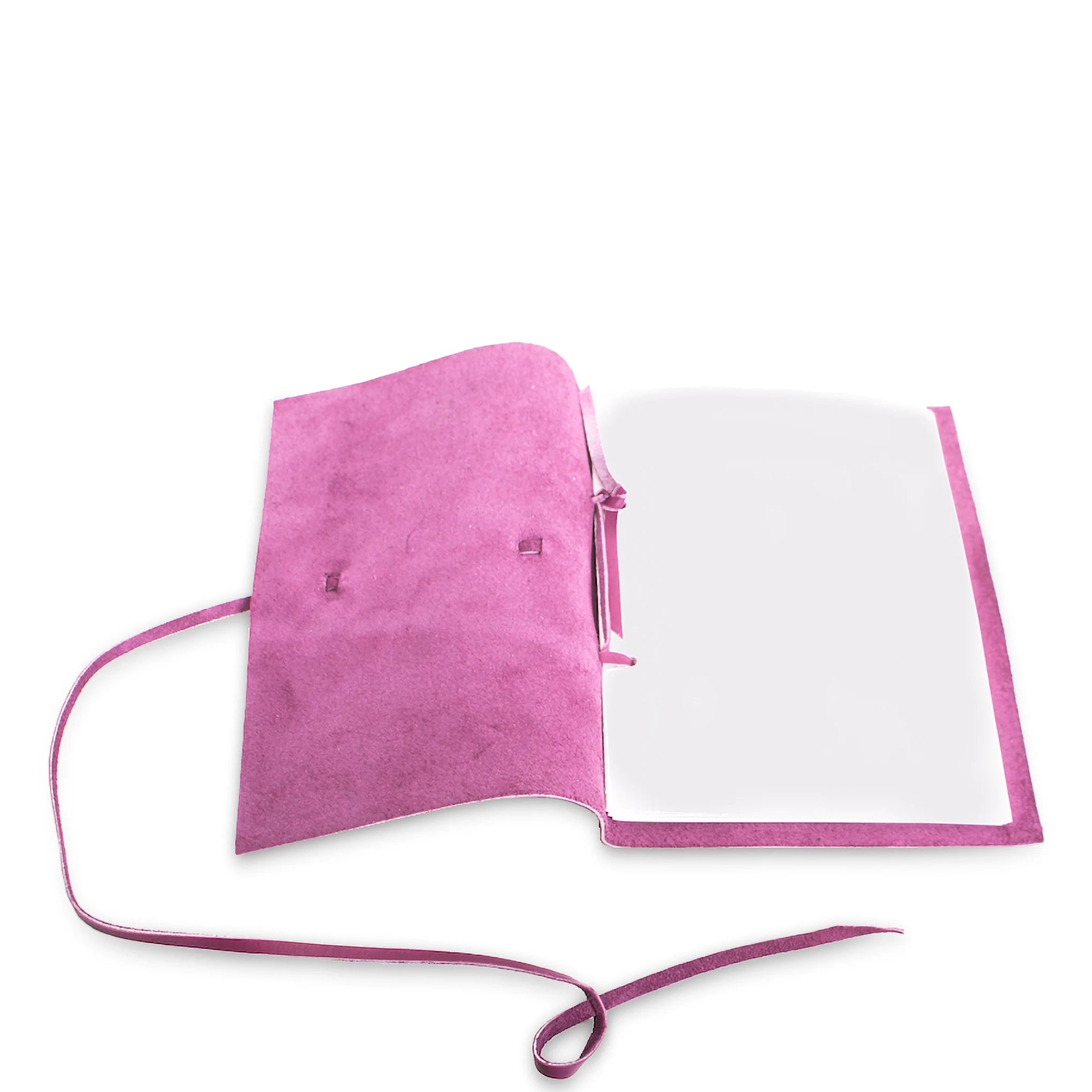 Pink notebook with a strap on a white background