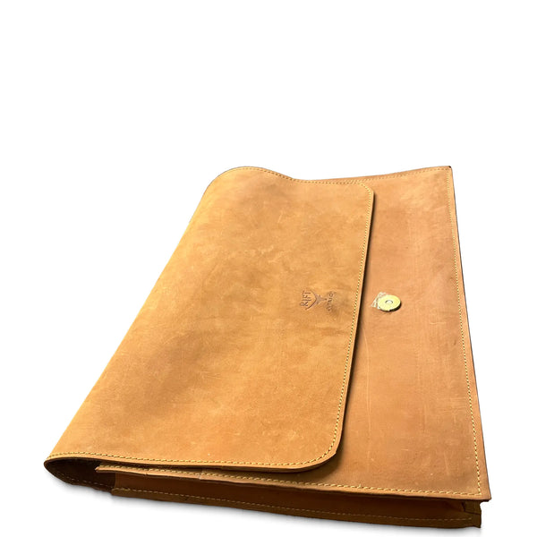 Brown leather case bag with a gold clasp on a white background