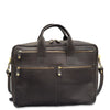 Brown leather briefcase with gold zippers on a white background