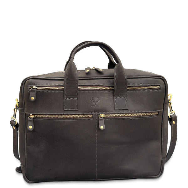 Brown leather briefcase with gold zippers on a white background