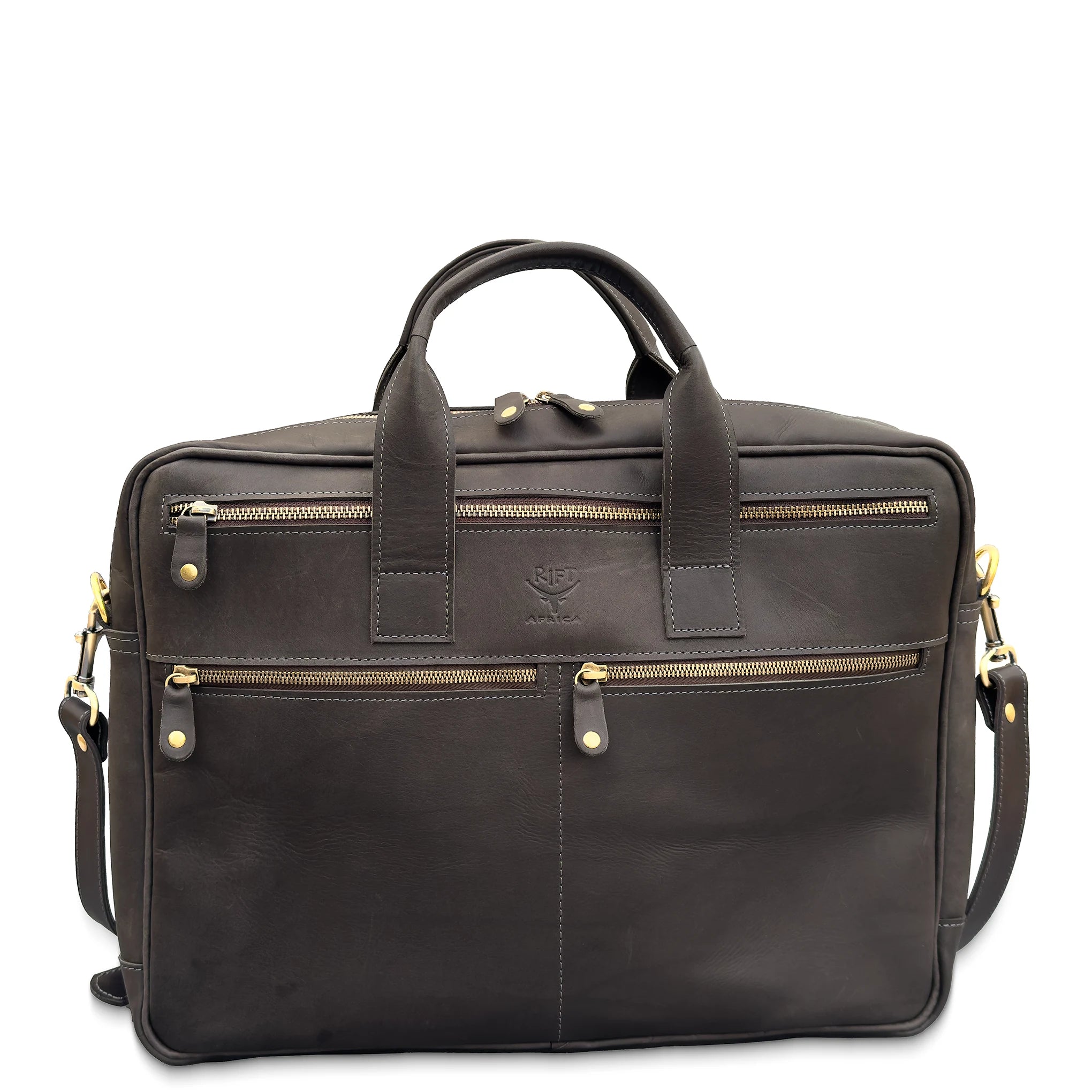 Brown leather briefcase with gold zippers on a white background