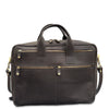 Brown leather briefcase with gold zippers on a white background