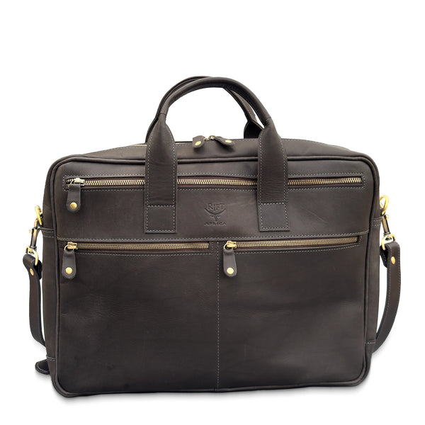 Dark brown leather briefcase with gold zipper details on a white background