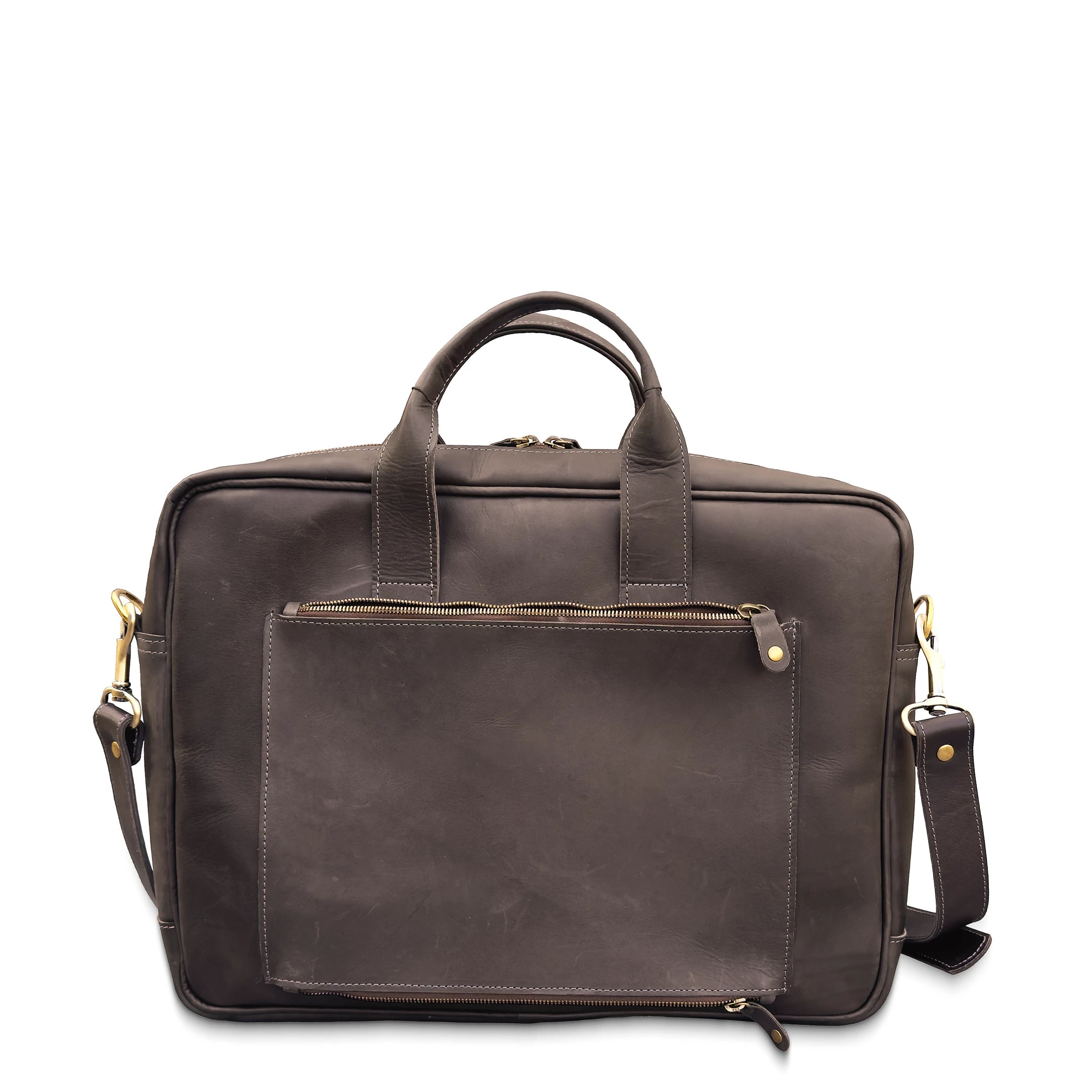 Brown leather briefcase with shoulder strap on a white background