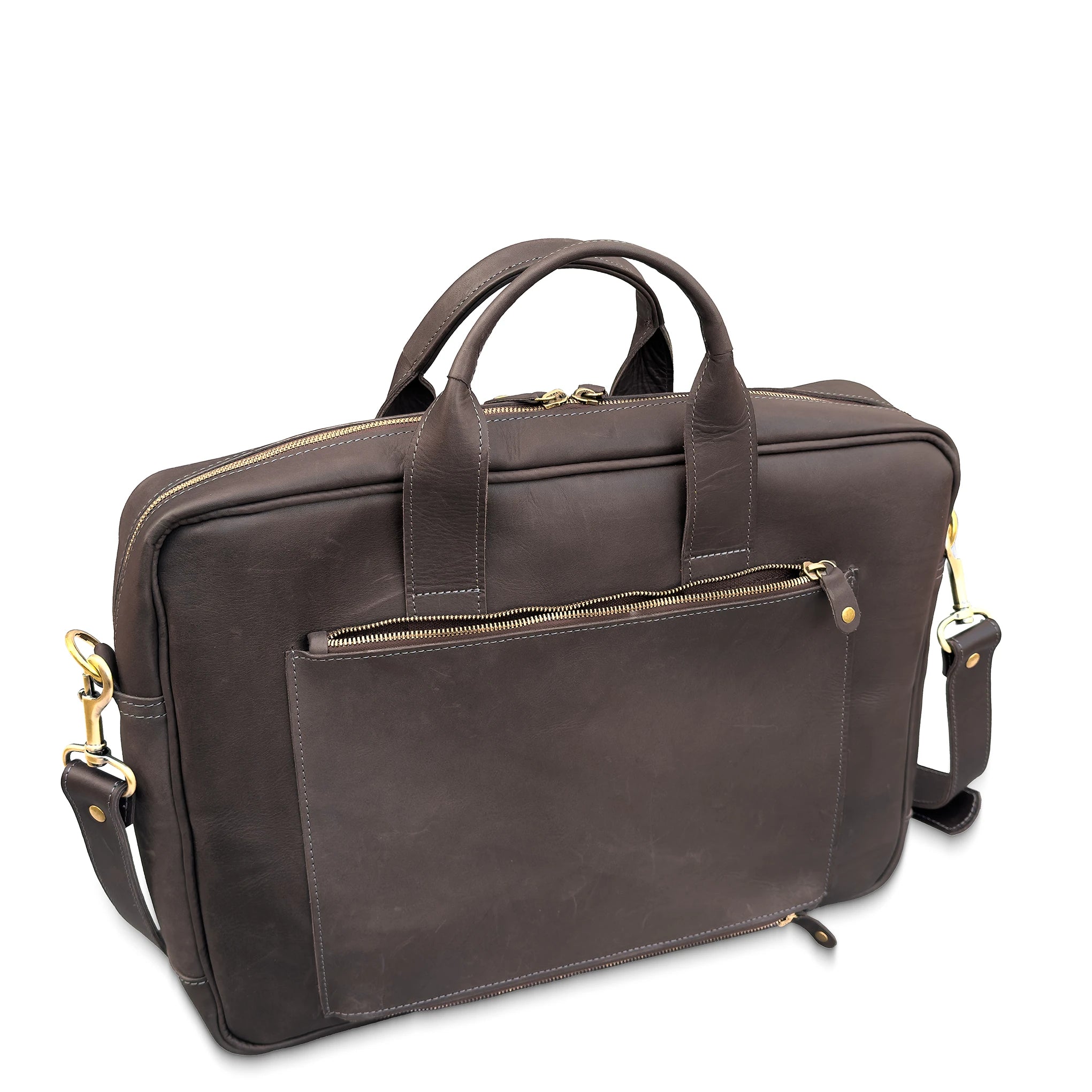 Brown leather briefcase with gold zippers on a white background