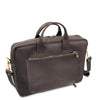 Brown leather briefcase with gold zippers on a white background