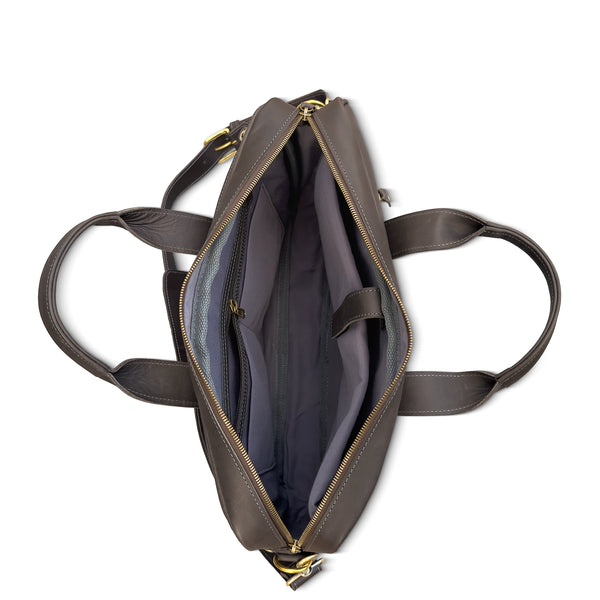 Brown leather bag with open front compartment on a white background