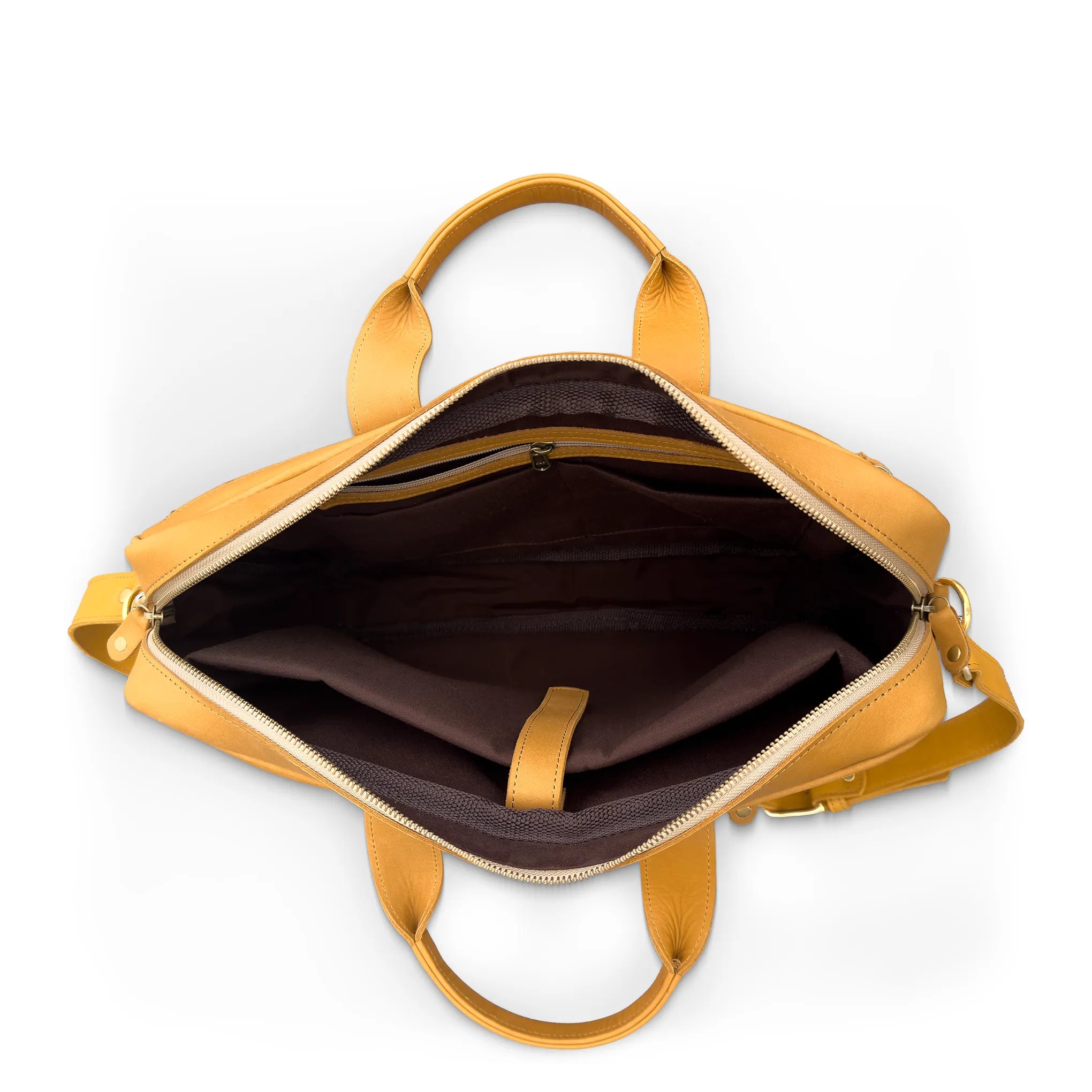 Tan briefcase with open front compartment on a white background