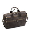 Brown leather briefcase with gold zippers on a white background