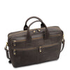 Brown leather briefcase with gold zippers on a white background