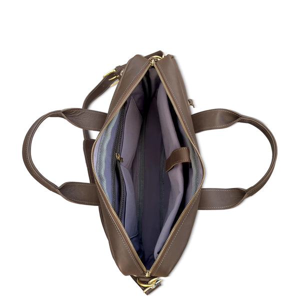 Brown leather handbag with open front showing interior on a white background