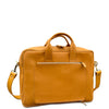 Front view of tan leather briefcase with detachable shoulder strap and large zippered front pocket