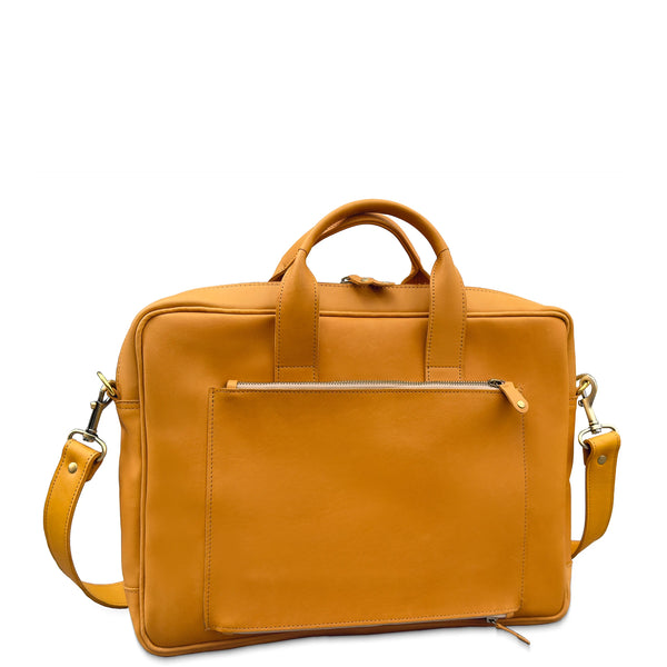 Front view of tan leather briefcase with detachable shoulder strap and large zippered front pocket