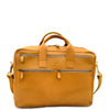 Front view of tan leather briefcase featuring two horizontal zip pockets and top carry handles