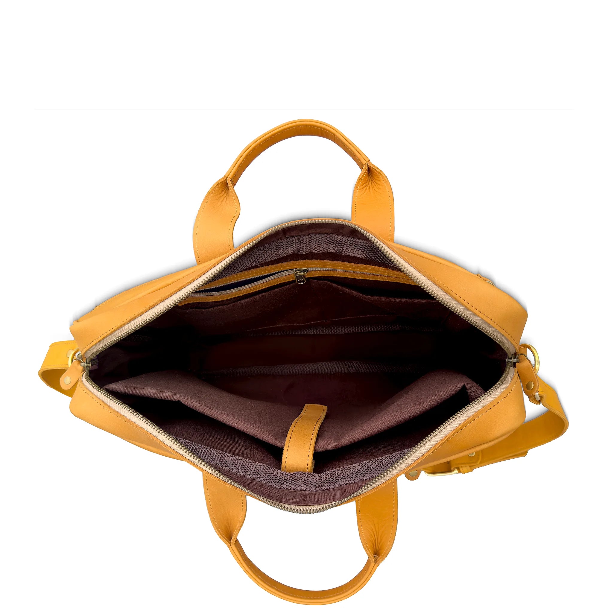Top view of tan leather briefcase open to show dark-lined interior with padded laptop sleeve and zip pocket.