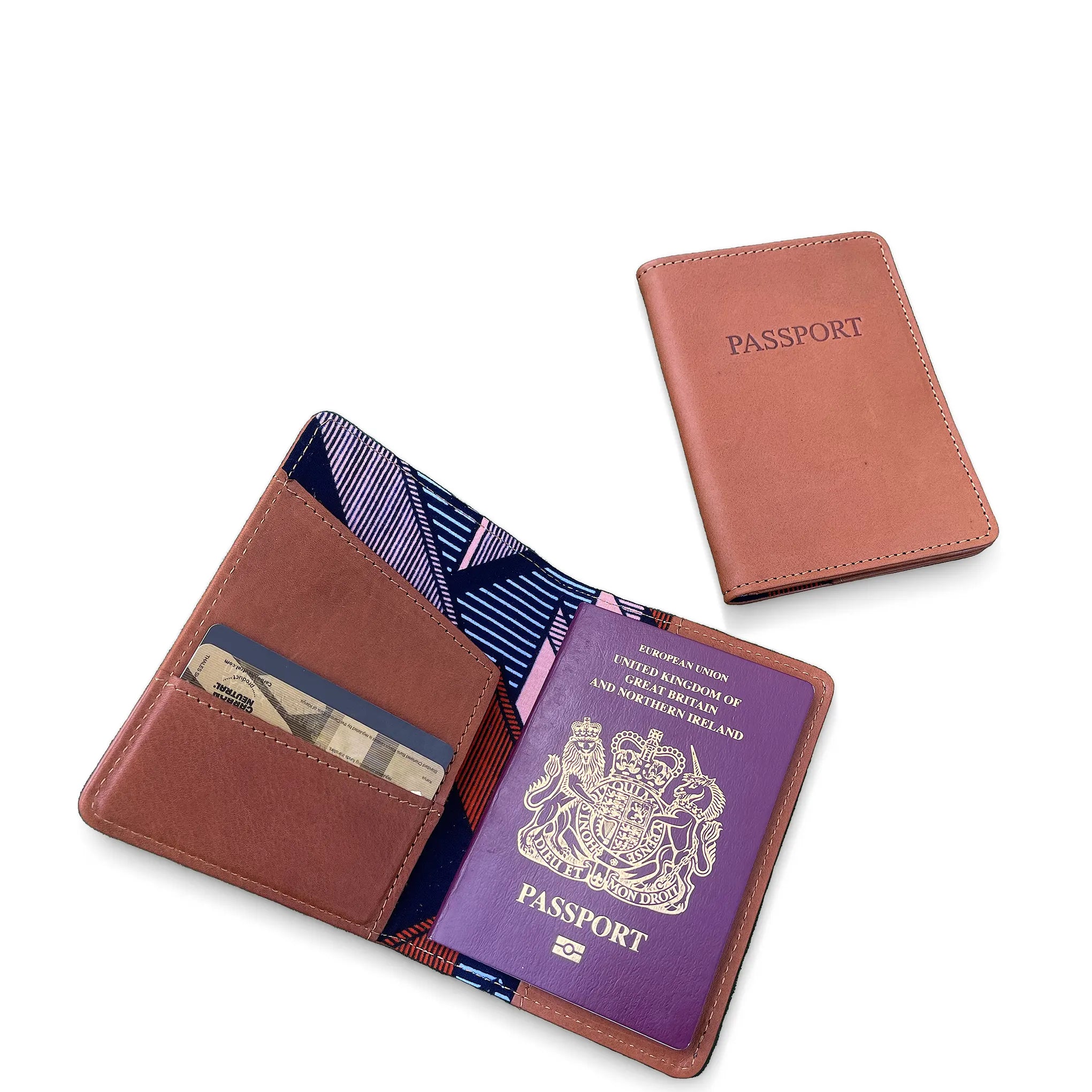 Brown leather passport holder with a purple passport on a white background