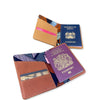 leather passport holder with colorful interior design on a white background