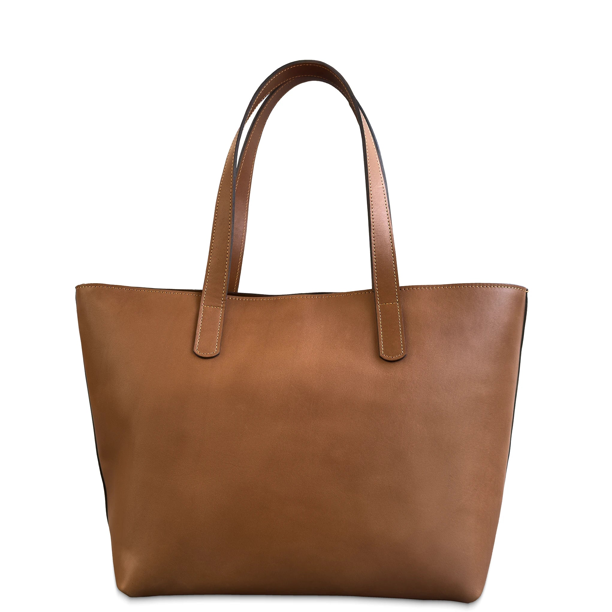 Brown leather tote bag on a white background