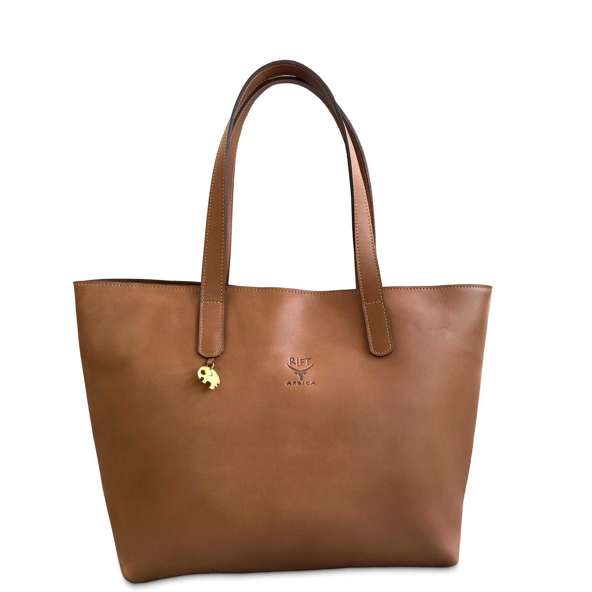 Brown leather tote bag with a visible brand logo on a white background