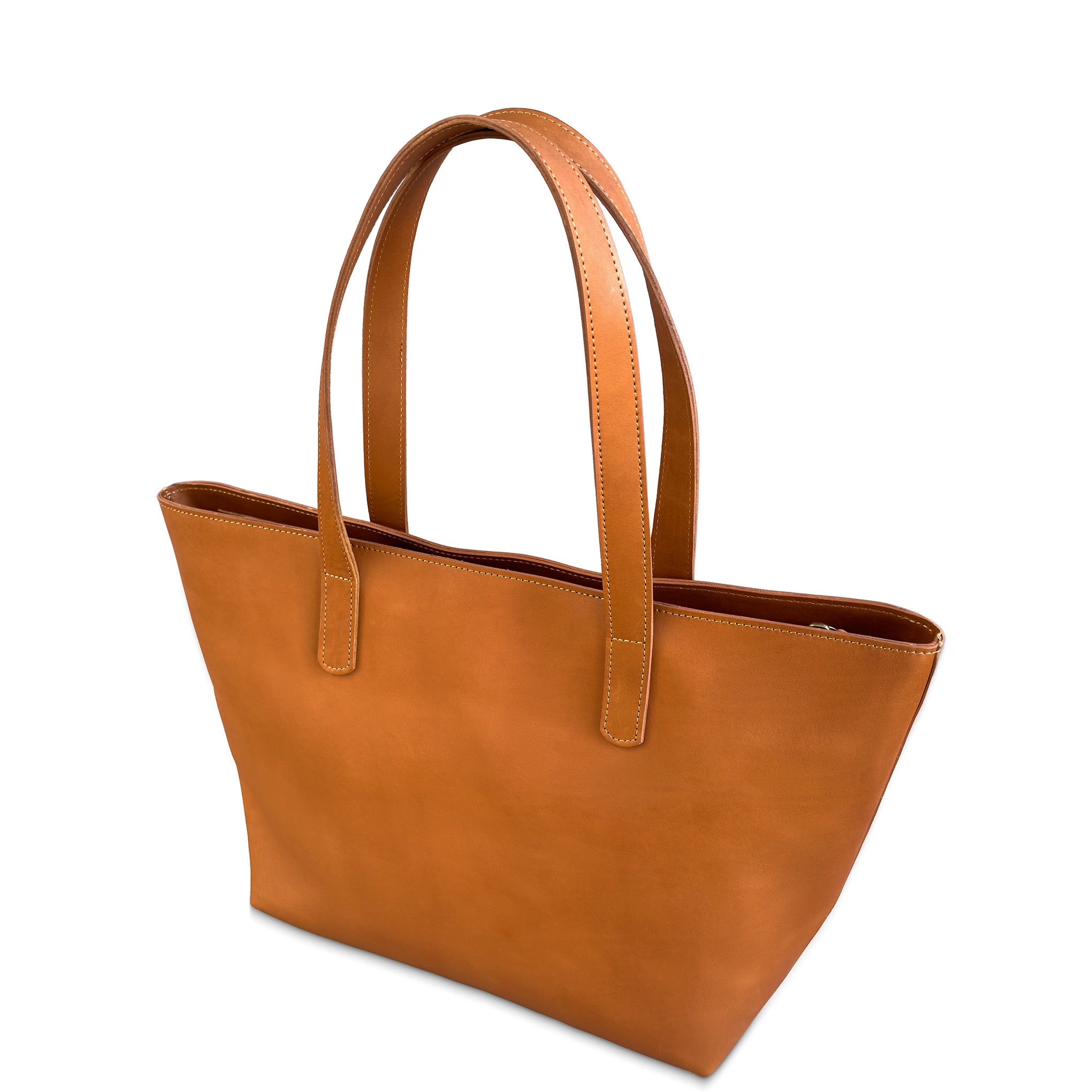 Brown leather tote bag on a white background