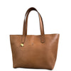Brown leather tote bag with a visible brand logo on a white background