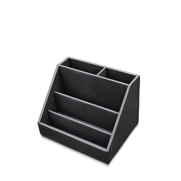 Black leather desk organizer with multiple compartments on a white background