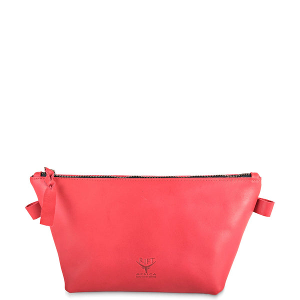 Red leather pouch with a visible brand logo on a white background
