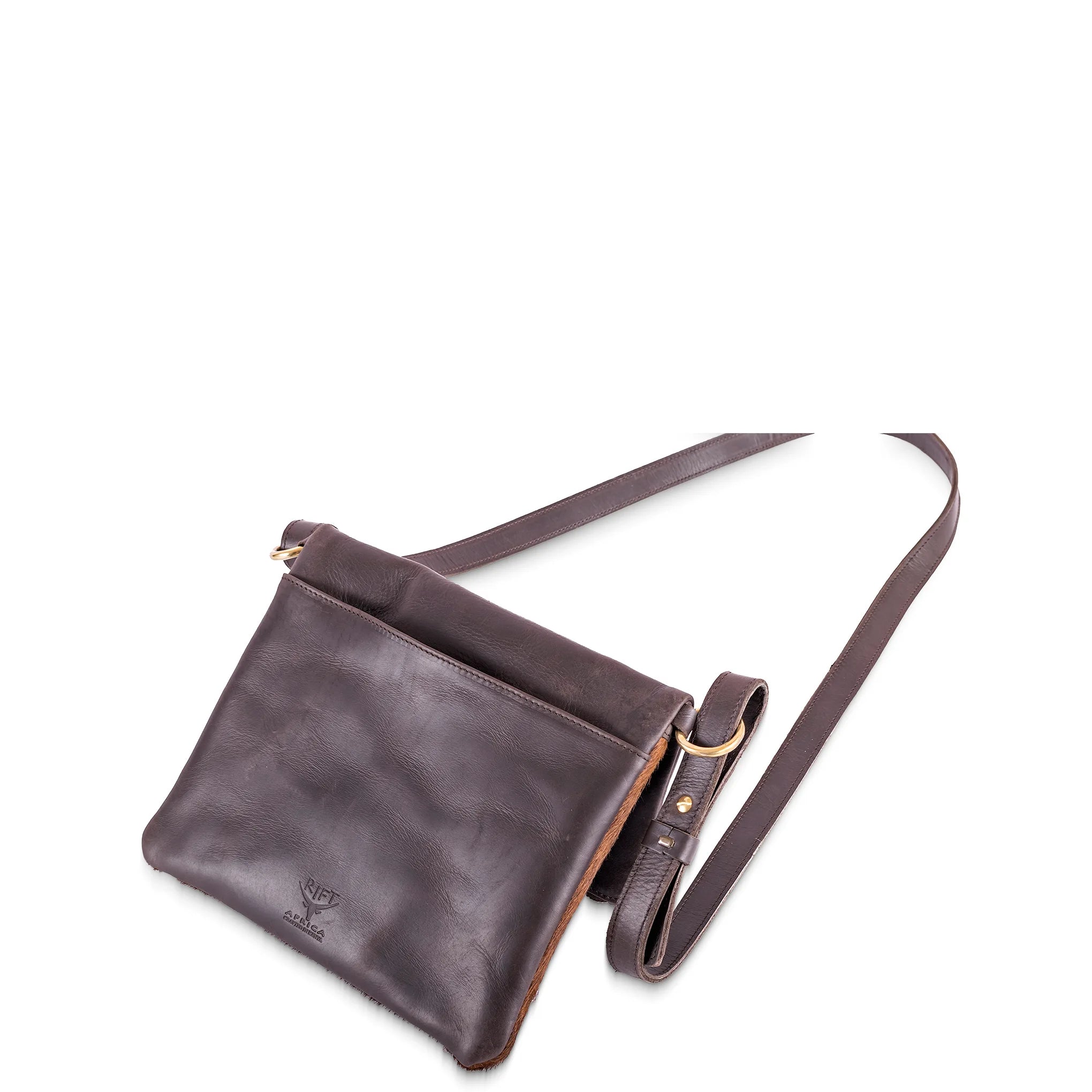 Brown leather crossbody bag on a white background