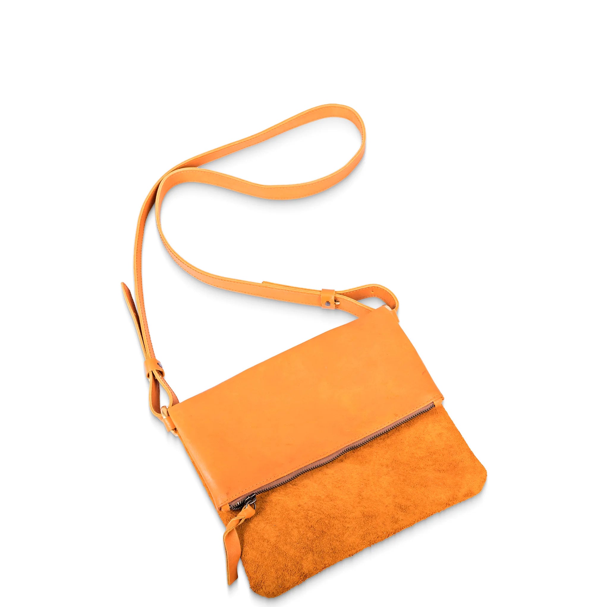 Orange crossbody bag on a white background