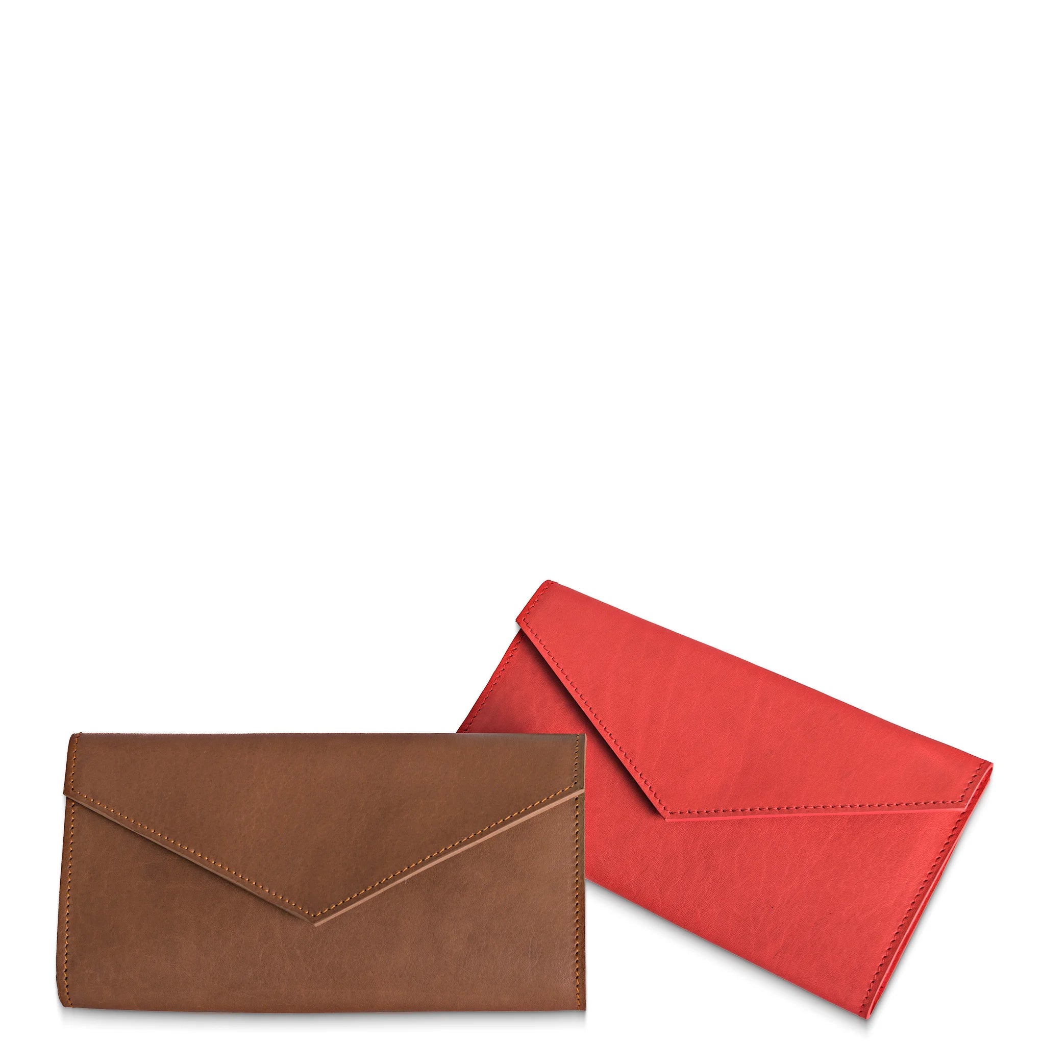 Brown and red leather wallets on a white background
