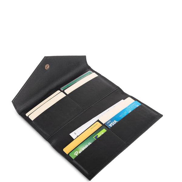 Black leather wallet with card slots on a white background