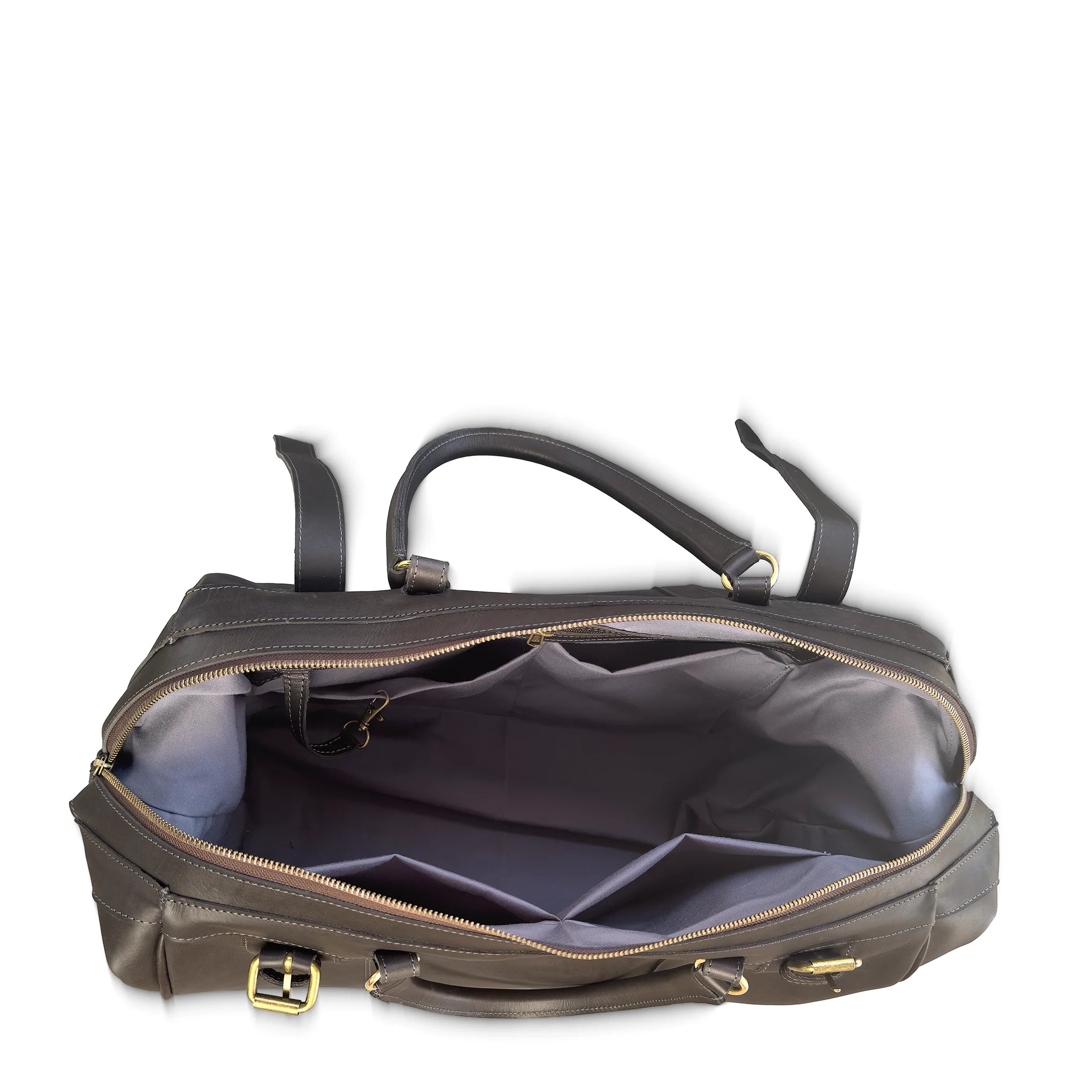 Open brown leather duffel bag on a white background