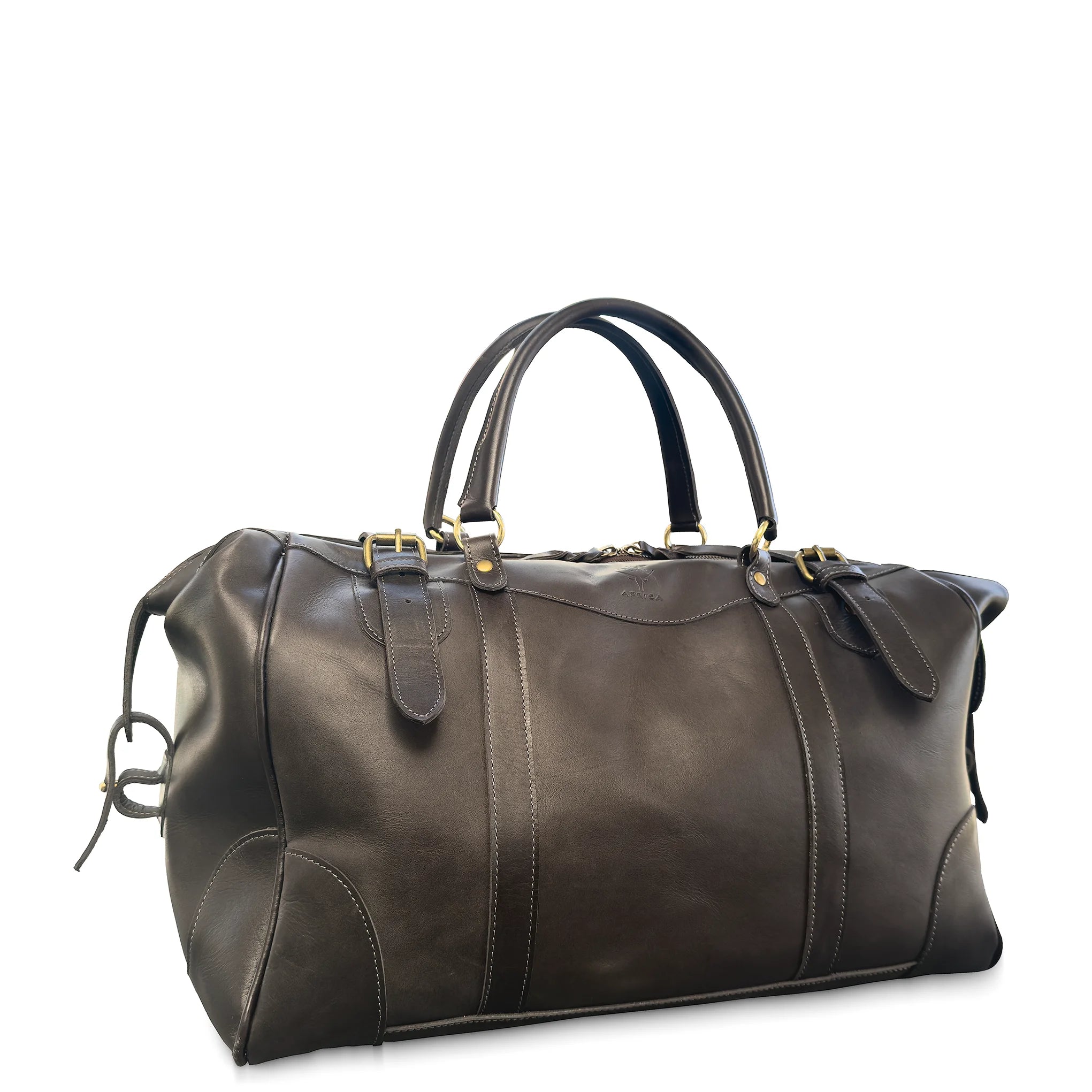 Brown leather duffel bag on a white background