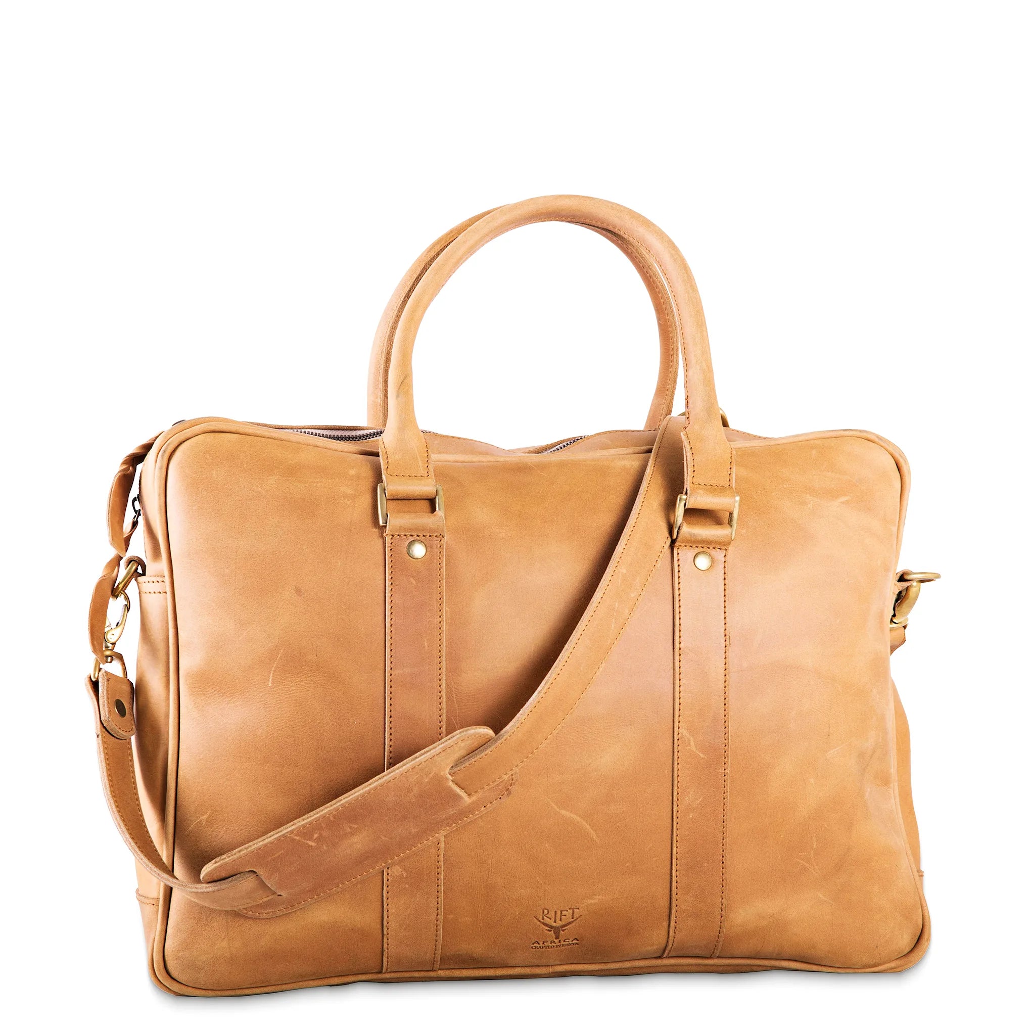 Brown leather bag with shoulder strap on a white background