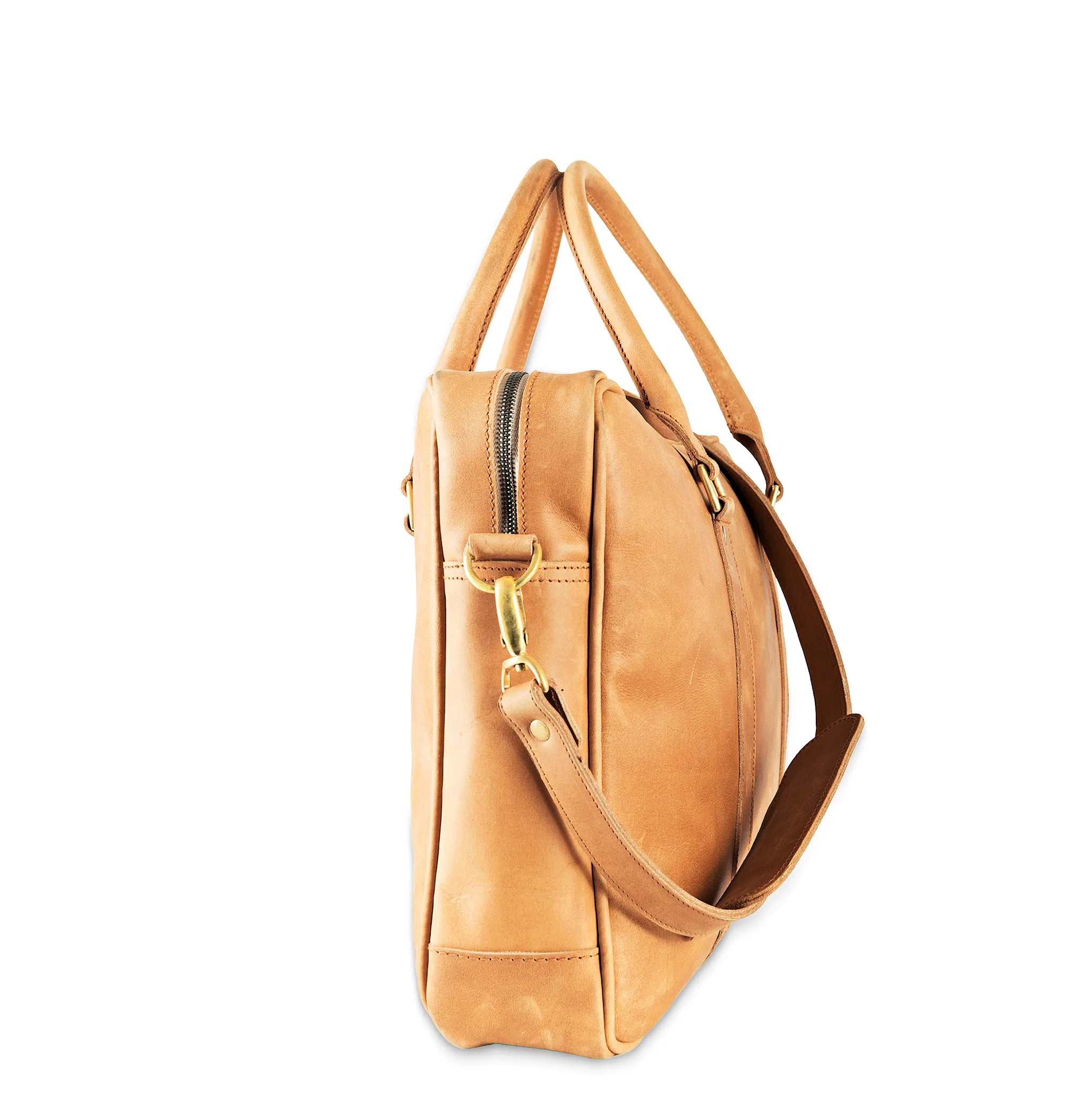 Tan leather briefcase with a shoulder strap on a white background