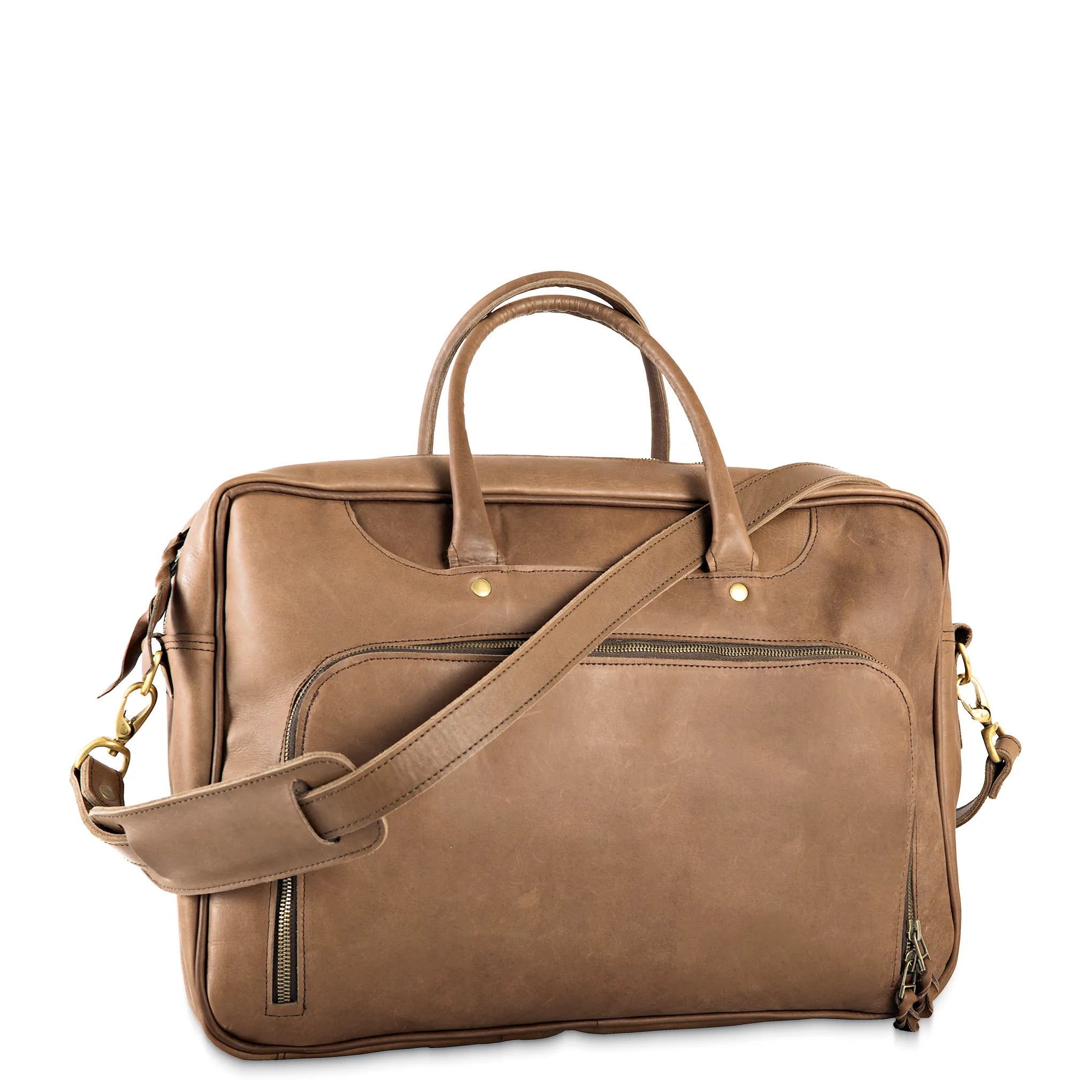 Brown leather bag with a shoulder strap on a white background