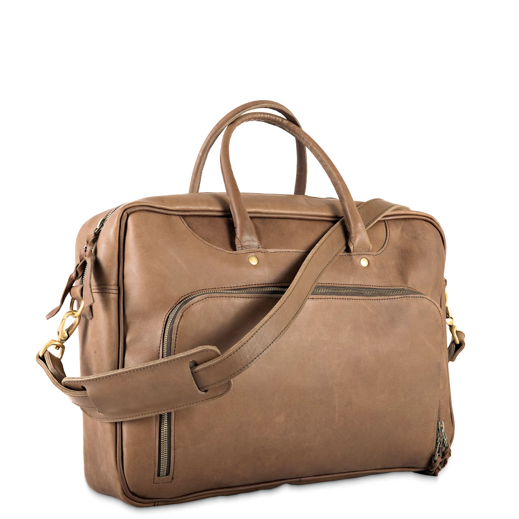 Brown leather bag with a shoulder strap on a white background