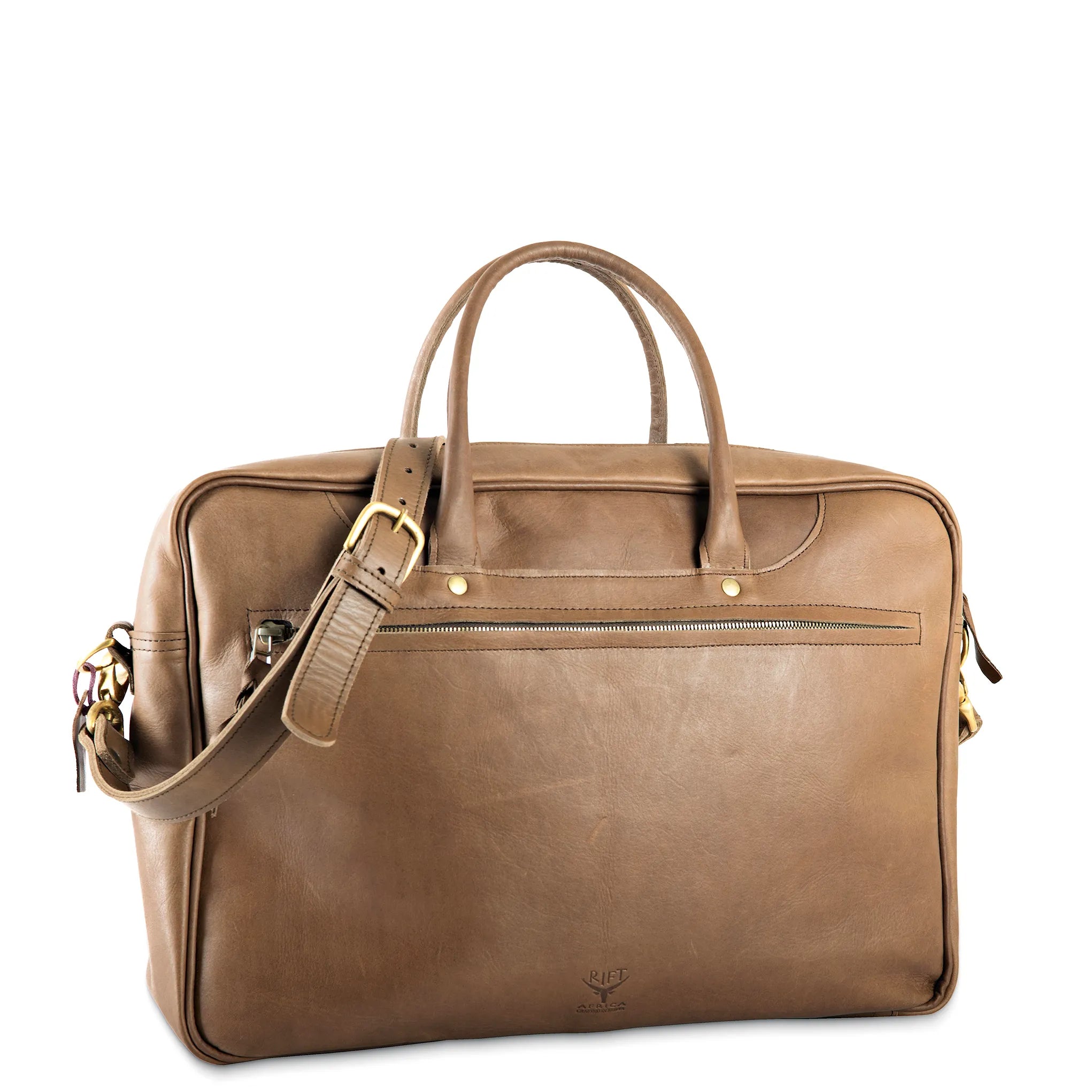 Brown leather bag with gold hardware on a white background