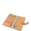 Tan leather wallet with zipper on a white background