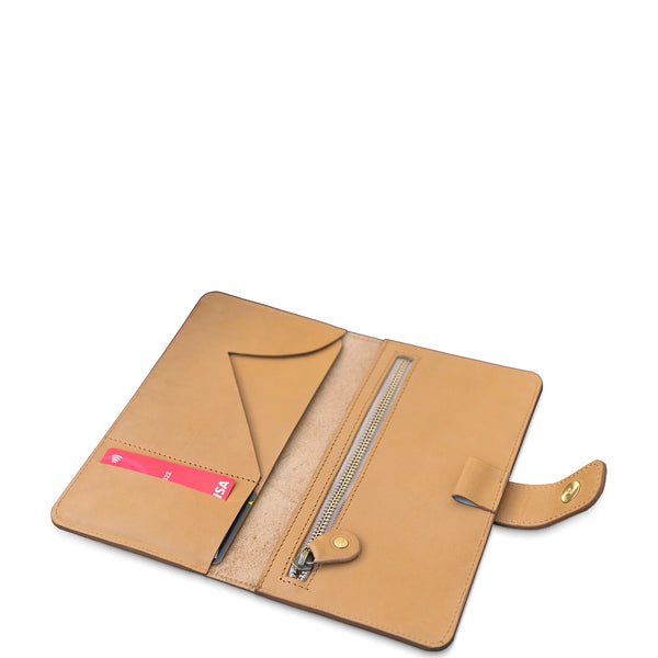 Tan leather wallet with zipper on a white background