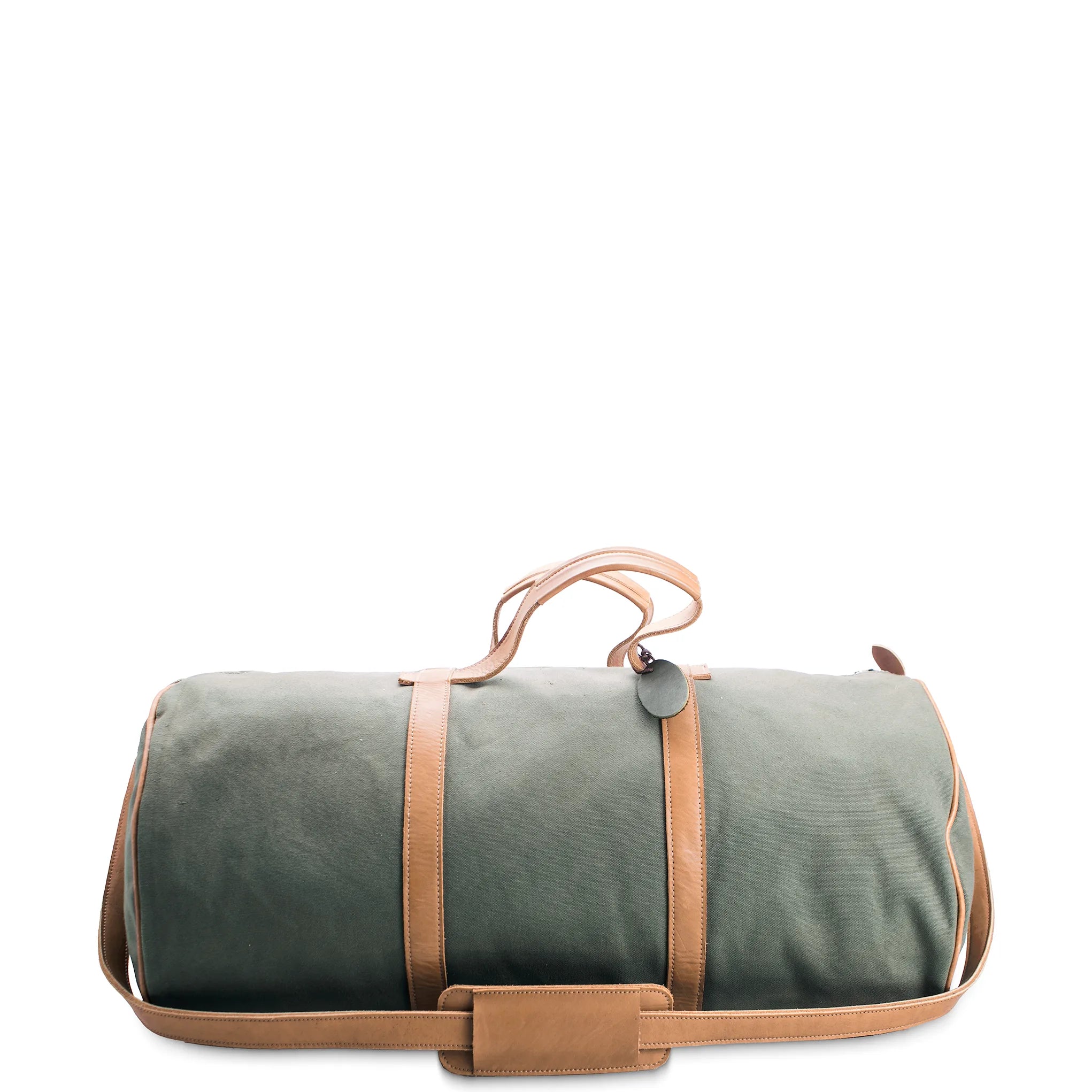 Green roll-up bag with brown straps on a white background