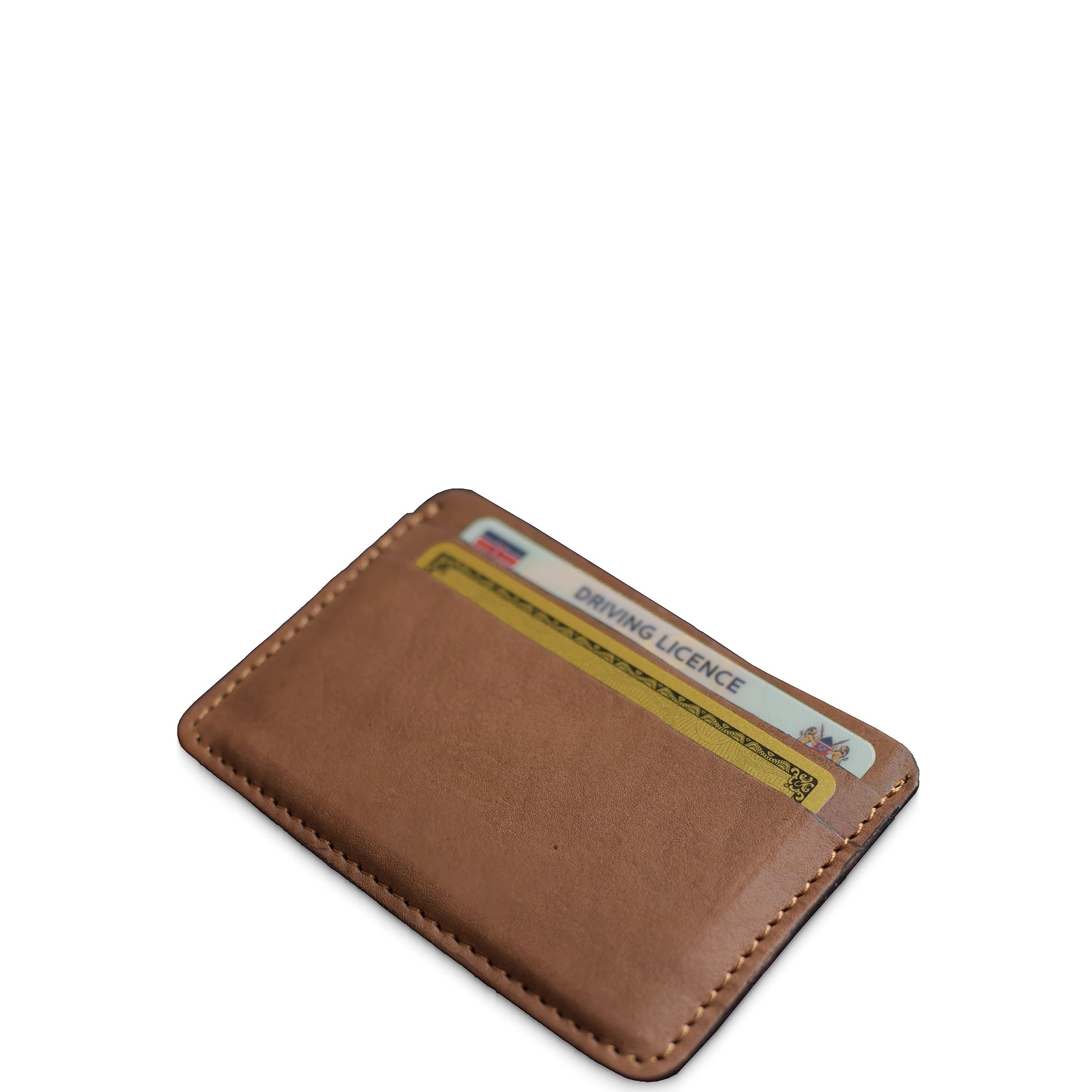 Brown leather cardholder with a driving license inside on a white background