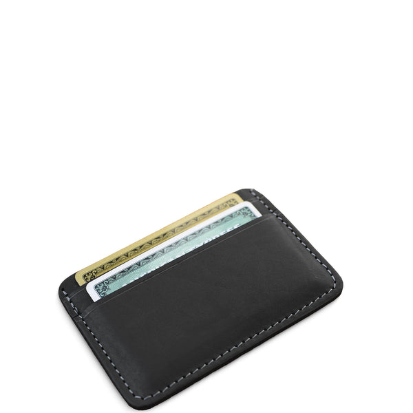 Black leather cardholder with cards on a white background