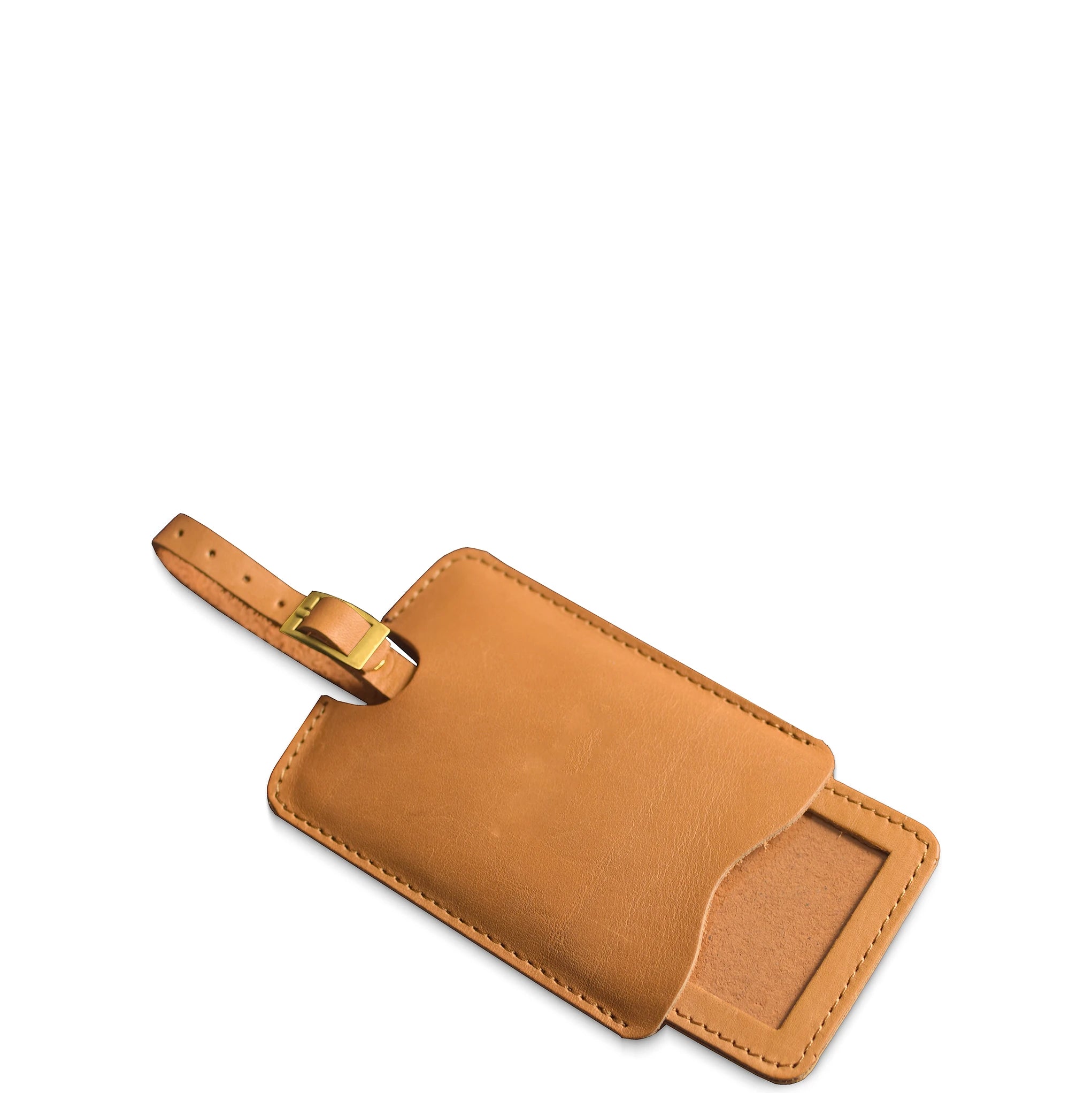 Brown leather luggage tag with a gold buckle on a white background