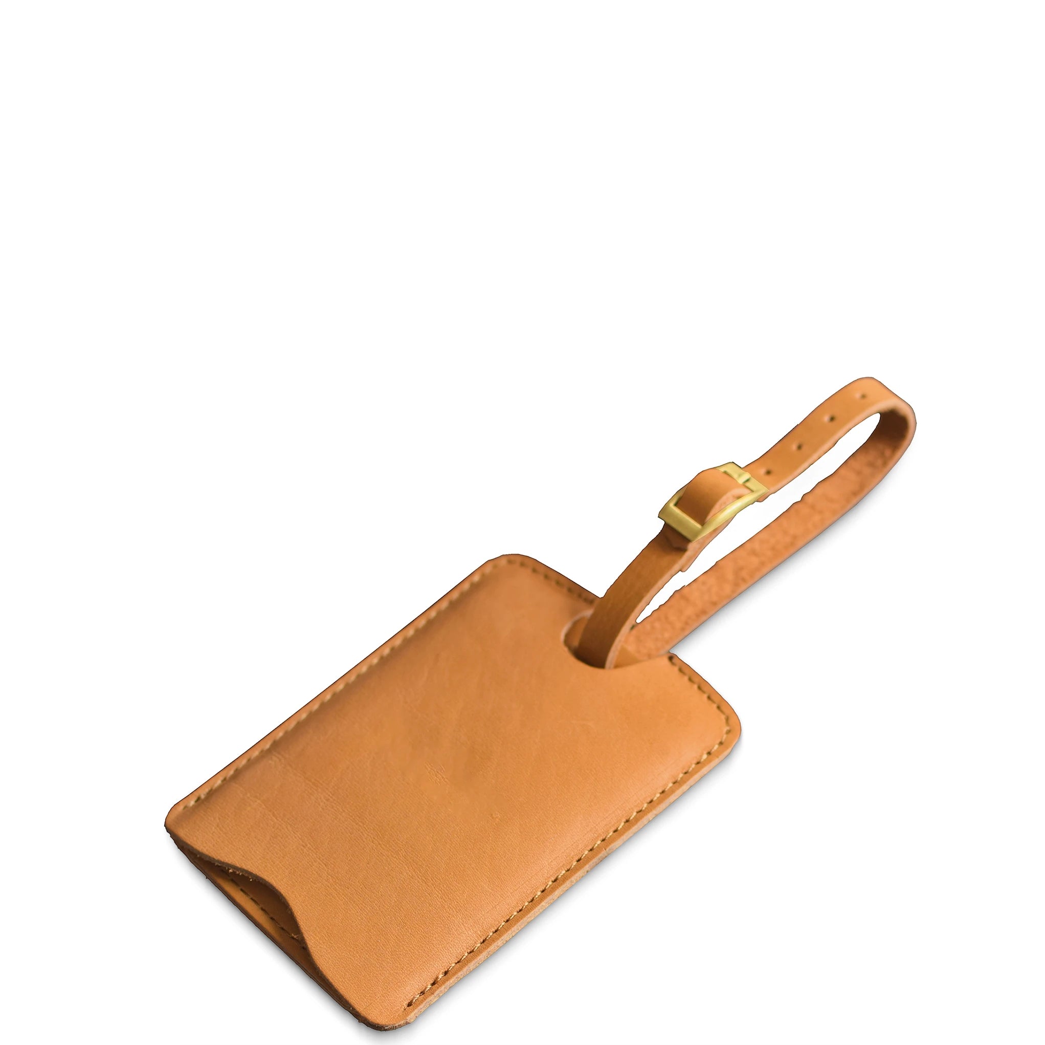 Brown leather luggage tag with a gold accent on a white background